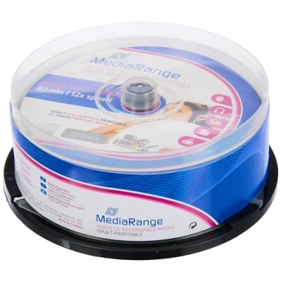 Image of MediaRange Audio CD R 700MB80min 12x Write Speed, Full Surface Printable (Inkjet Printer), Cake Box of 25