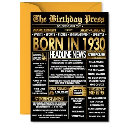 Image of Gold 95th Birthday Card for Men Women Black &amp; Golden Newspaper Born in 1930 Happy 95 Cards Nanny Uncle Grandma Husband Dad Nan, 5x7 Inch Bday Greeting