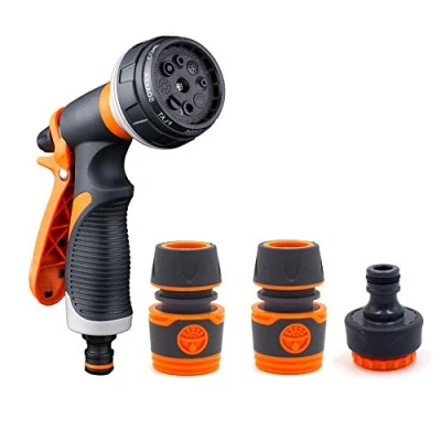 Image of Kramer&amp;Co. Gardening Hose Spray Gun Set 8 Adjustable Patterns, High Pressure Nozzle Attachment for Watering Garden Plants Or Lawns, Car Washing, Cleaning Windows Includes Pipe Connectors