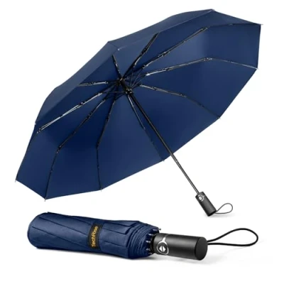 Image of TechRise Umbrella Windproof Travel Umbrella: 10 Ribs Automatic Compact Strong Wind Proof Umbrella, One Button Auto Open Close Resistant Folding Lightweight Portable for Men Women