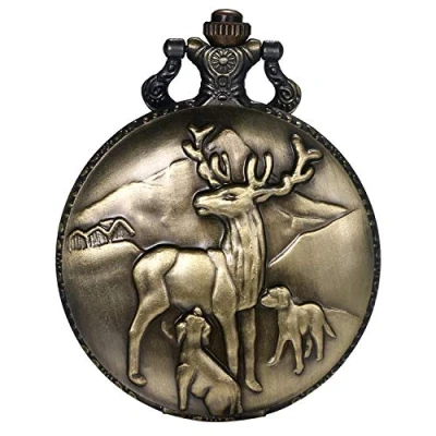 Image of JewelryWe Pocket Watch Classic Cute Elk Necklace Round Quartz Pendant Chains for Men Women