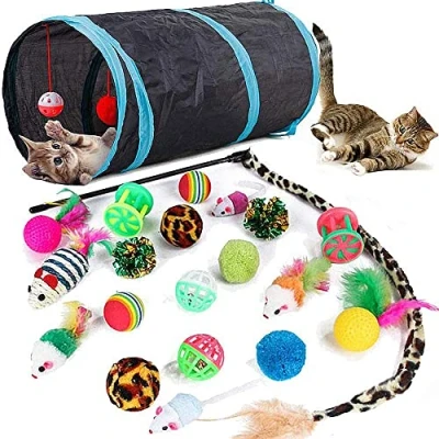 Image of 21 Pcs Cat Toys for Indoor Cats Collapsible Tunnel Interactive Feather Teaser Wand Ball Toy Kitten