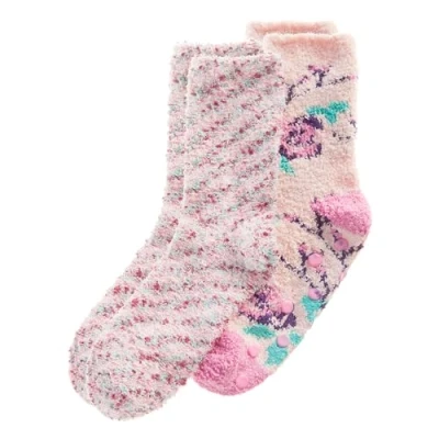 Image of Metzuyan WS AW23 Ladies 2 Pairs Cosy Floral Feather Yarn Socks Fluffy Bed 4 8 UK Pink Roses