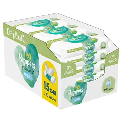 Image of Pampers Harmonie Aqua Wet Wipes 15 Packs of 48 720 that Help Restore Skin&#039;s Natural pH Value Lightweight Lotion with 99% Water