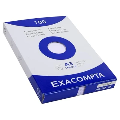 Image of Exacompta Ref 13308E Bristol Record Cards (Pack of 100) A5(148 x 210mm) in Size, Plain Unruled, 205gsm Card, Laser &amp; Inkjet Printer Compatible White