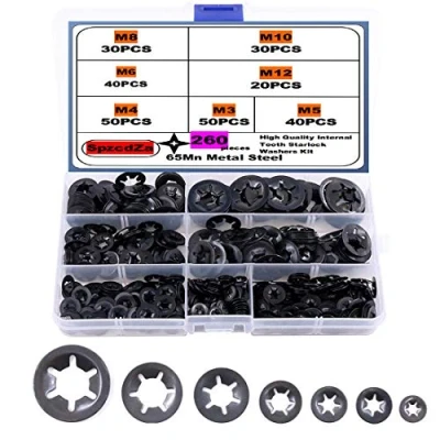 Image of SpzcdZa 260pcs (7 Size) Internal Tooth Starlock Washers Assortment Kit, Push On Speed Clips Fasteners Kit,Quick Locking Washers,Black Oxide Finish65Mn Black Finish