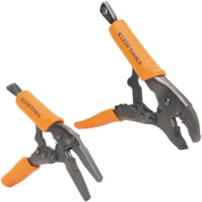 Image of Klein Tools 38663 Locking Pliers Set, 7 Inch Long Nose and 10 Curved Jaw Pliers, High Torque Gripping Power, 2 Piece