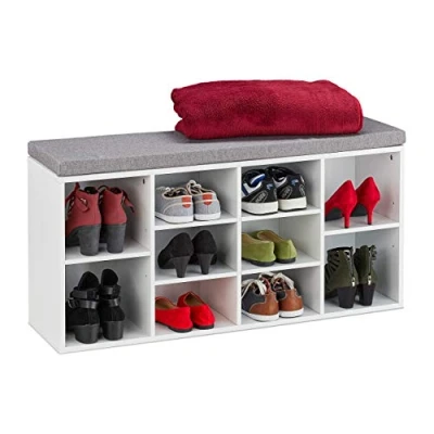 Image of Relaxdays Shoe Bench with Seat, 10 Compartments, Wardrobe Storage Shelf, Upholstered, Hallway, 52.5 x 104 30 cm, White