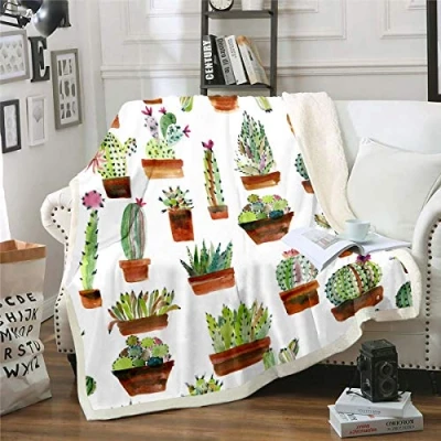 Image of Cactus Sherpa Blanket Boho Succulent Fleece Throw for Kids Boys Girls Botanical Pattern Plush Green Plants Fuzzy Sofa Bed Couch Single 50x60 Inch