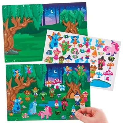 Image of Baker Ross FN082 Mythical Forest Sticker Scenes Pack of 4, Self Adhesive Stickers for Kids, Crafts Children