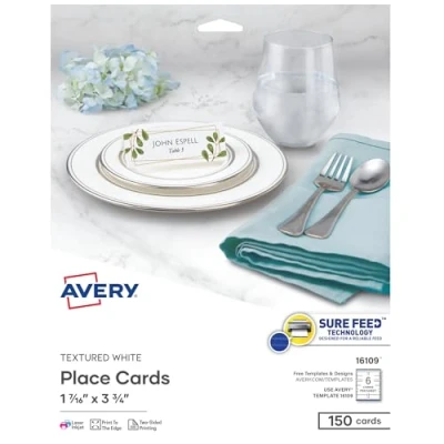 Image of Avery Printable Blank Place Cards with Sure Feed, 1.43&quot; x 3.75&quot;, Textured White, 150 Customizable Tent (16109)