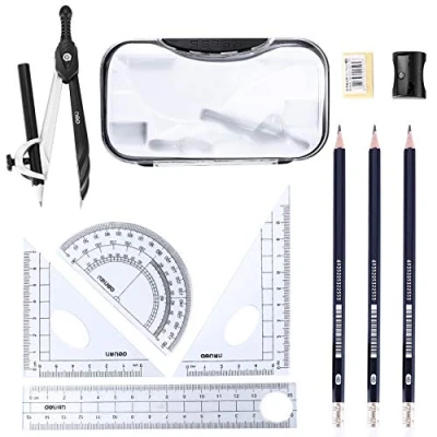Image of 10PCS Maths Set, Geometry Compass School Student Stationery Set Including Compasses Protractor Ruler Square Eraser Pencil Sharpener Replacement