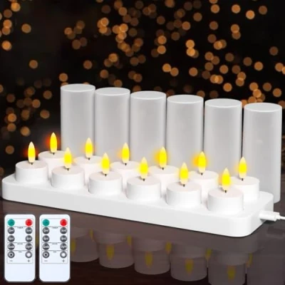 Image of EXTSUD Pack of 12 LED Tea Lights with Timer Rechargeable Candles Light Flameless Flickering Candle Night Electric Youth Consecration Lantern Table Living