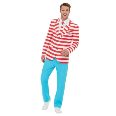 Image of Smiffys Where&#039;s Wally Suit, Adults Red &amp; White Jacket, Trousers Tie, Iconic Stripe Suit for a Unique Look with Button Zip Up Trousers, Perfect Themed Parties or World Book Day Halloween