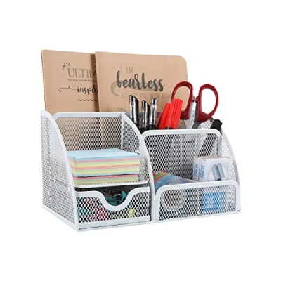 Image of EasyPAG Office Mesh Desk Tidy Versatile Stationery Storage Desktop Organiser Pen Holder with Drawer,White