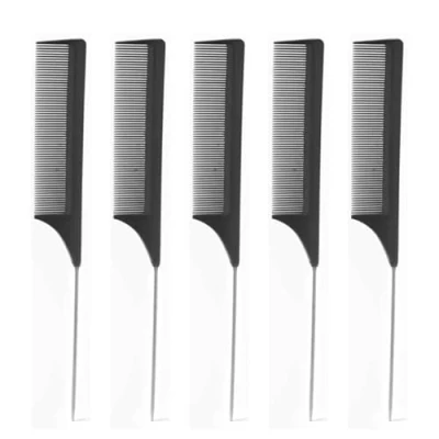 Image of Simply Hair 5 Pc Tail Comb. Extra Long Hairdressing Comb Fine Tooth Metal End Rat Parting For Use As Styling Highlighting Pin Tail. Per Set. (Black)