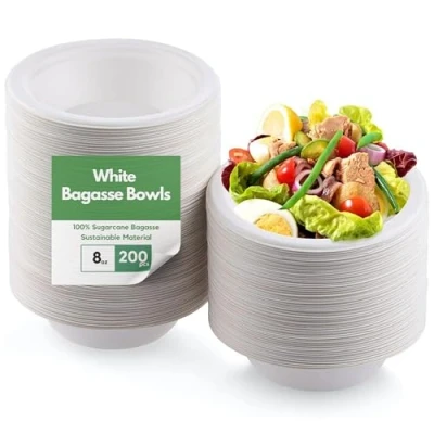 Image of CaterCo Bagasse Sugarcane 8oz / 240ml Bowls Strong, Disposable, Biodegradable, Compostable Eco Friendly White Paper Bowl for Soup, Salad, Dessert, Party, BBQ 200 Pack