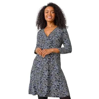 Image of Roman Originals Long Sleeve Tea Dress for Women UK Ladies Fit &amp; Flare Skater Swing Wrap Stretchy Frill Autumn Winter Evening Cocktail Party Work Office Casual Knee Length Petite Blue Size 14