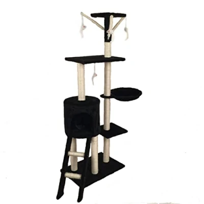 Image of Cat Scratching Post Multi Level Tree Climbing Activity Tower Dangling Toy Condo Viewing Platform (Black)
