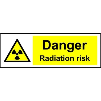 Image of Warning Danger radiation risk safety sign Self adhesive sticker 150mm x 50mm