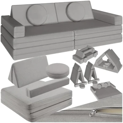 Image of TecTake® Kids Play Sofa with Thick Foam Padding, 8 Piece Modular Couch for Toddlers, Soft Set Durable, Removable &amp; Washable Linen Covers, Convertible Bed Playroom Bedroom Grey