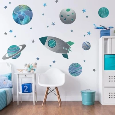 Image of Stickerscape Space Wall Stickers (Rocket and Planets Large) Planet Decals, for Walls, Decor Easy to Apply, Cleanly Removable