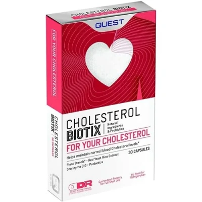 Image of Quest CholesterolBiotix Healthy Cholesterol Lowering Supplement. 30 Vegan Capsules with Natural Ingredients Including Red Yeast Rice Plant Sterols to Lower Cholesterol, Gluten Free (Pack of 1)