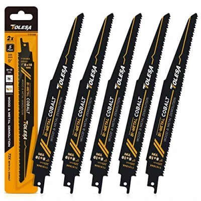 Image of TOLESA Metal Wood Demolition Reciprocating Saw Accessories 225mm 8+10TPI for Steel Pipe Cutting, Drywall, Chipboard, Glass Fiber Reinforce Plastic and Composite Materials 5 Pack