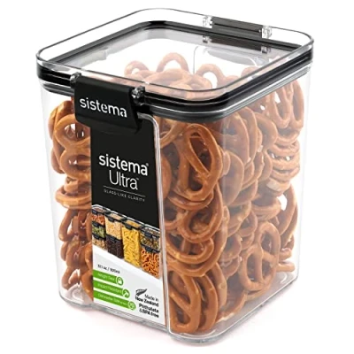 Image of Sistema Ultra Tritan Airtight Pantry Storage Container, 920 ml Square Food Stackable, with Locking Clips, BPA Free, Clear Black Accents