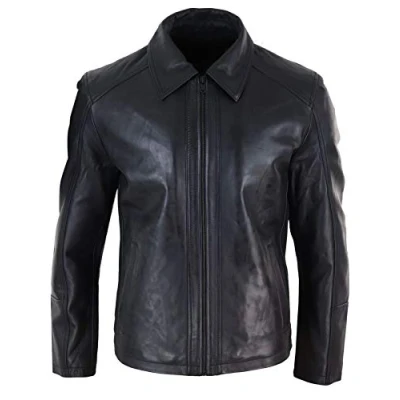 Image of Mens Real Leather Jacket Black Tan Zipped Driving Classic Smart Casual Soft Napa s