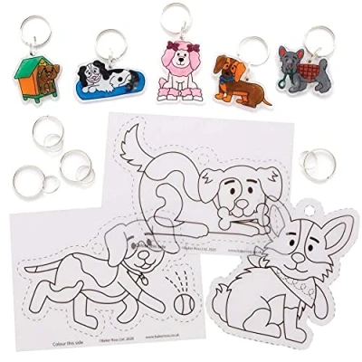 Image of Baker Ross FE392 Dog Super Shrink Keyrings Pack of 8, for Crafts to Colour in, Make and Display, Your Own Kids