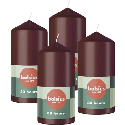 Image of Bolsius Pillar Candles Dark Red 4 Pack 12 x 6 cm Decorative Household Long Burning Time of 33 Hours Unscented Includes Natural Vegan Wax Without Palm Oil