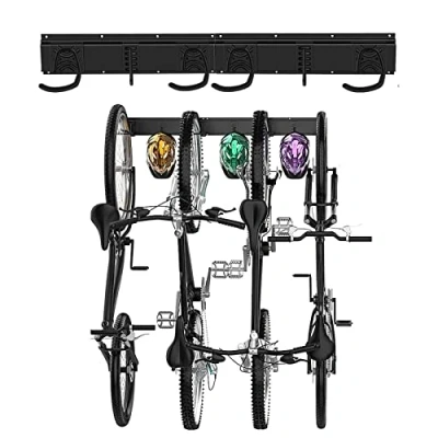 Image of Poweka Bike Storage Rack, 4 Bicycles Wall Mount Garage Organizer &amp; 3 Helmet Hooks, Adjustable Indoor Bicycle Mounted