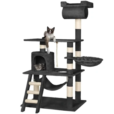 Image of tectake® Multi Level Cat Tree with Sisal Scratching Posts, Soft Plush Cover, Cosy House, Hammock, Tunnel, Bed, Ladder &amp; Play Rope 141cm Tower Anti Tip Protection Black