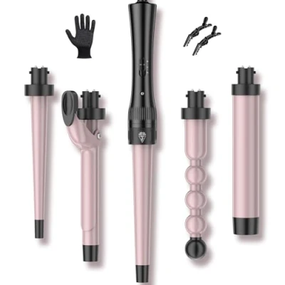 Image of Hair Curling Wand Iron Tongs, 5 in 1 Curler for Long 10mm 32mm with 2 Crocodile Clips Anti Scald Silicone Gloves, PTC Ceramic LCD 180C &amp; 210C