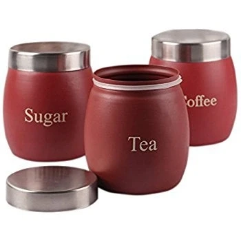 Image of Nobel Barrel Tea, Coffee and Sugar Canisters Set of 3 Stainless Steel Brick Red Style