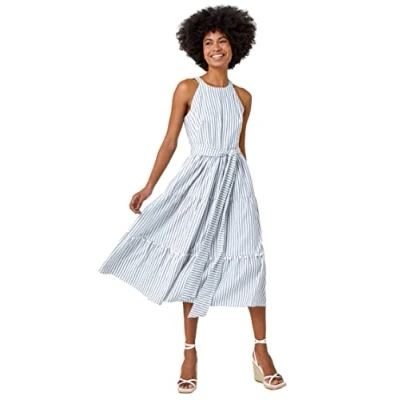 Image of Roman Originals Tiered Cotton Halter Neck Stripe Dress for Women UK Ladies Everyday Holiday Spring Summer Round Neckline Comfy Soft Evening Vacation Work Party Blue Size 18
