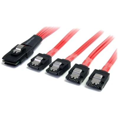 Image of StarTech.com 50cm Serial Attached SCSI SAS Cable SFF 8087 Plug to 4x Latching SATA (female) Mini (SAS8087S450), Black red