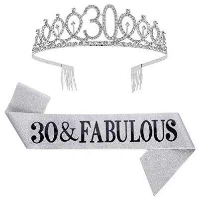 Image of SUSSURRO &quot;30 and Fabulous Sash Rhinestone Tiara Set,30th Birthday Gifts for Women Party Supplies( Silver)