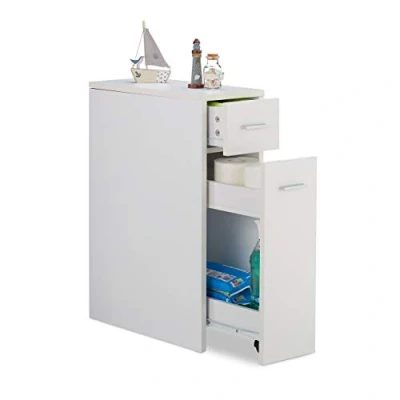 Image of Relaxdays Slide Out Storage Cabinet, Bathroom &amp; Kitchen, 2 Drawers, Narrow Trolley, Space Saver, HWD 61.5x20x45cm, White