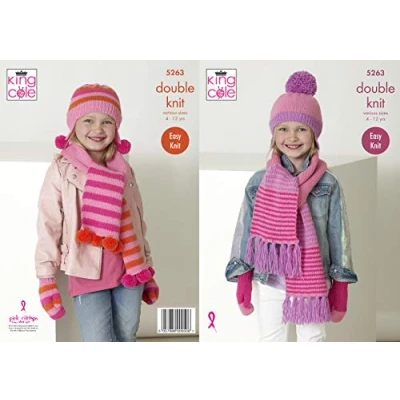 Image of King Cole 5263 Knitting Pattern Childrens Girls Scarves Helmets Mitts in Big Value DK