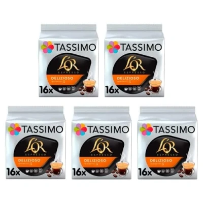 Image of Tassimo L&#039;OR Espresso Delizioso Coffee Pods x16 (Pack of 5, Total 80 Drinks)