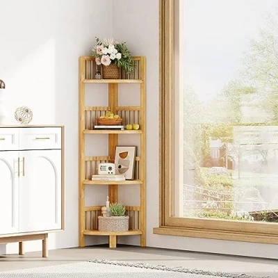 Image of Dripex Bamboo Corner Shelves Free Standing Shelf Floor Storage Unit for Bathroom, Living Room, Bedroom, Kitchen, Balcony or Office (4 Tier)
