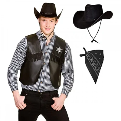 Image of Adult Unisex Black Cowboy Waistcoat + Texan Hat &amp; Bandana : Sheriff Cowgirl Wild West Rodeo Stag Hen Fancy Dress Costume