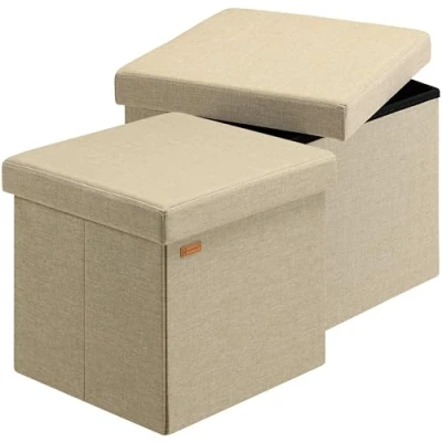 Image of CASARIA® 2x 40cm Square Foldable Stool with Storage Space Linen Removable Padded Lid 40x40cm Ottoman 40 Litre Capacity Chest Shoe Accessory Store Box Set of 2 Beige