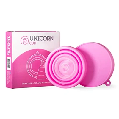 Image of Unicorn Cup Foldable Menstrual &amp; Sterilizer/Carry Case (Pink), Use for up to 12 hours, Light/Medium/Heavy Flow, Super Soft 100% Medical Grade Silicone, Reusable