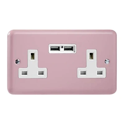 Image of Varilight 2 Gang 13A Unswitched Plug Socket + 5V DC 2100mA USB Charging Ports Rose Pink XY5U2W.RP