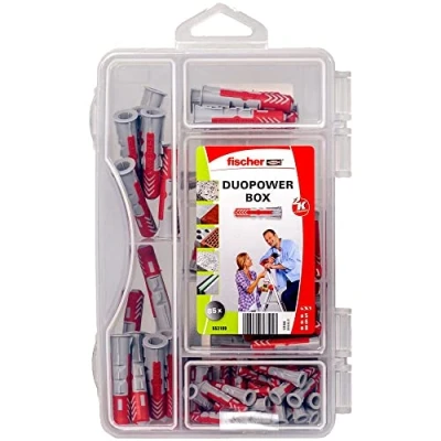 Image of fischer 553109 DUOPOWER Mini, Dübelbox 85 Teilen (30, 35, 20 STK, Universaldübel, praktische Dübelkiste für Heimwerker &amp; Profis DIY, red, Box mit 5 x 25, 6 30, 8 40