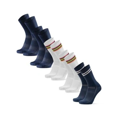 Image of DANISH ENDURANCE Performance Crew Cycling Socks, Cushioned Bike for Men &amp; Women, Unisex, 3 or 5 Pack, MC (2xNavy, 2xWhite/Stripes, 1xNavy/Stripes) packs, 9 12