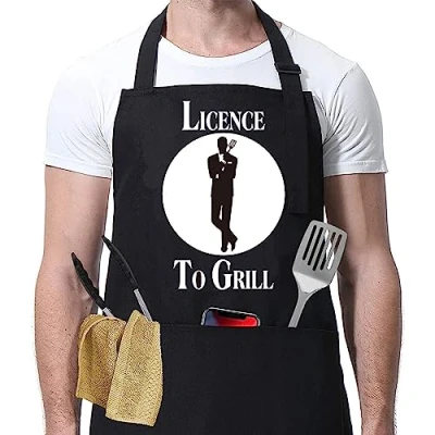Image of Licence to grill 007 apron gift for Him man Dad day ladies cooking chef novelty 30th 40th 50th 60th Birthday Christmas Stocking Filler Secret Santa Rude Silly Presents Husband Boyfriend Uncle